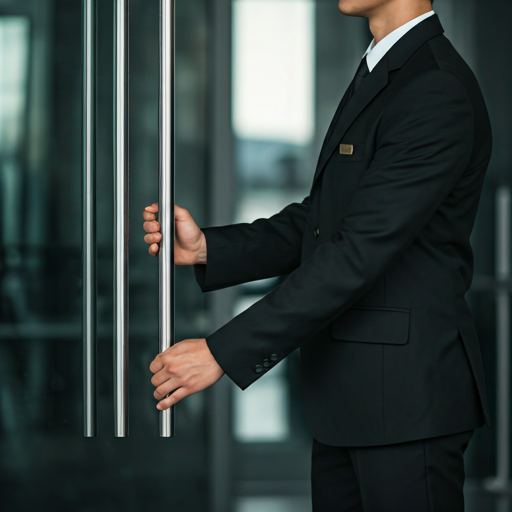 Professional chauffeur in dark suit adjusting tie