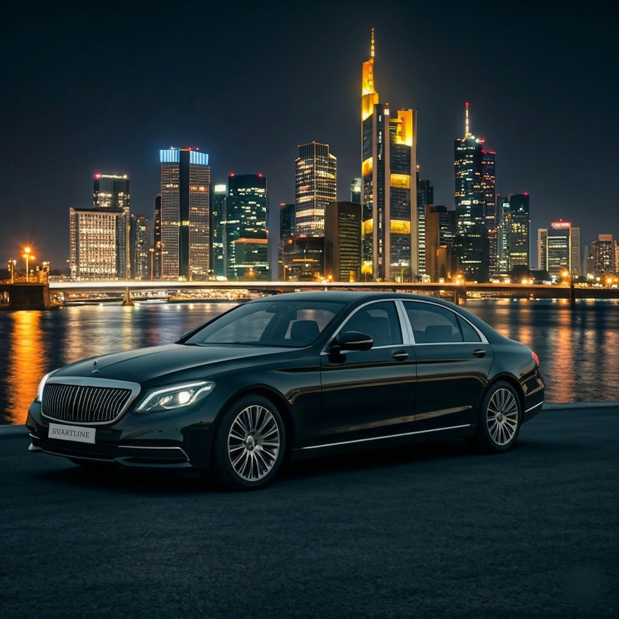 Luxury black Mercedes sedan in urban setting at night