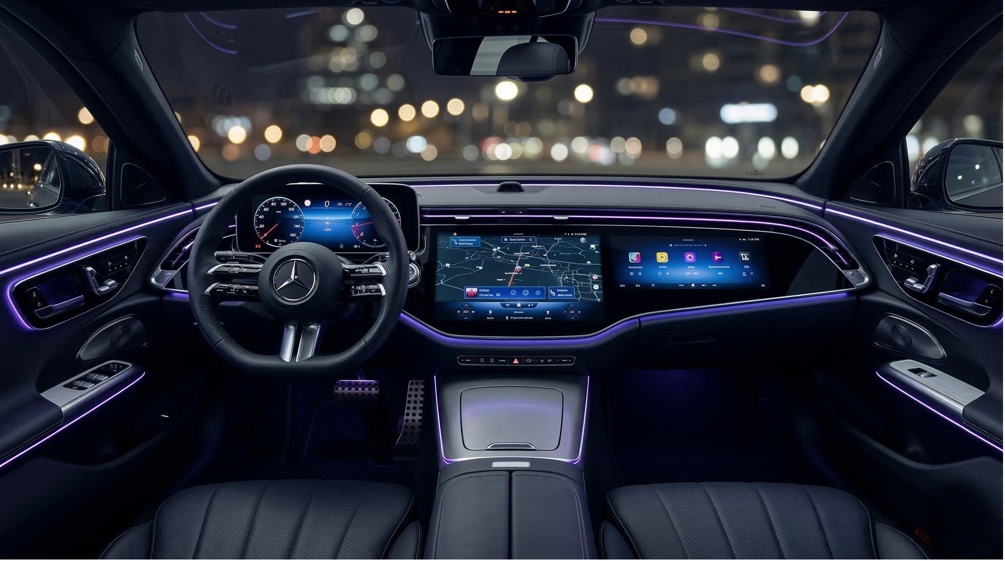 Luxury car dashboard with ambient lighting at night